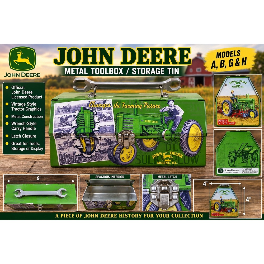 John Deere Metal Toolbox Storage Tin Vintage Tractor Graphics Wrench Handle 9in
